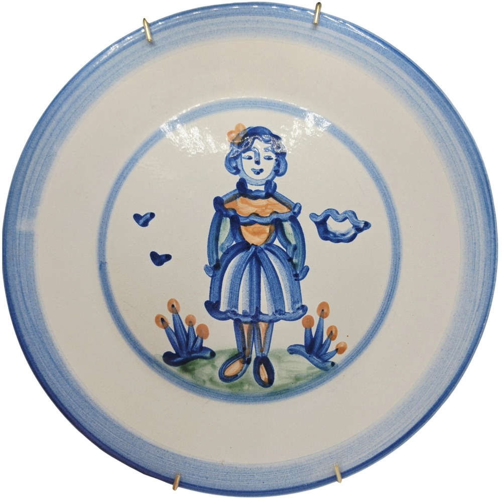 MA Hadley Folk Art Pottery Stoneware Blue Farmer Wife 10.5" Dinner Plate Signed